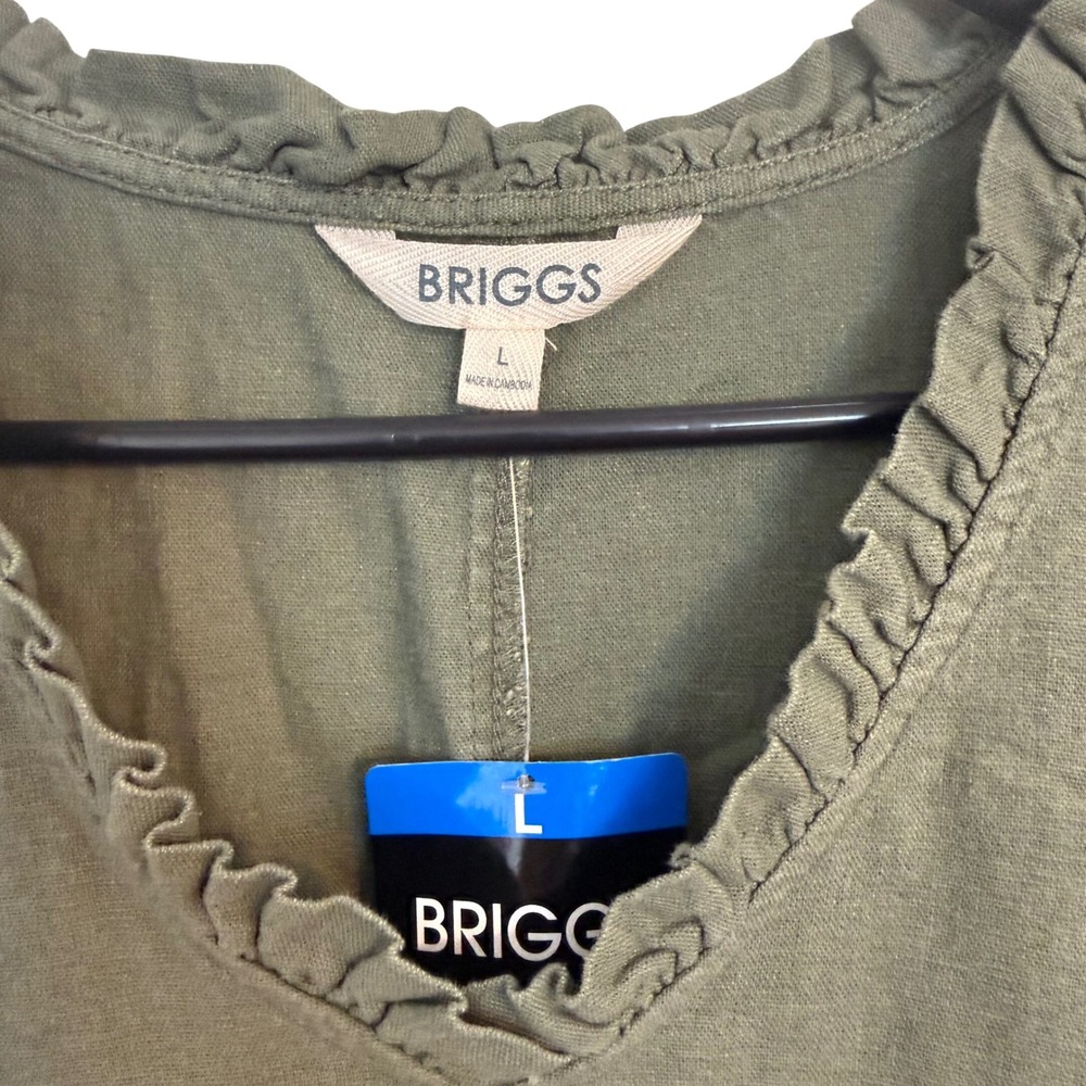 Briggs Womens Olive Green Linen Blend Ruffle V-Neck Sleeveless Shift Dress L NEW - Picture 2 of 3